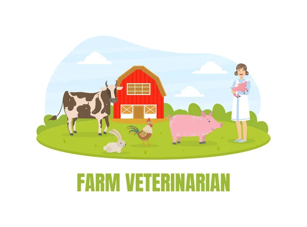 Niña agricultora de pie sobre el fondo del paisaje rural de verano, agricultura y agricultura, granero rojo y ganadería Vector ilustración — Vector de stock