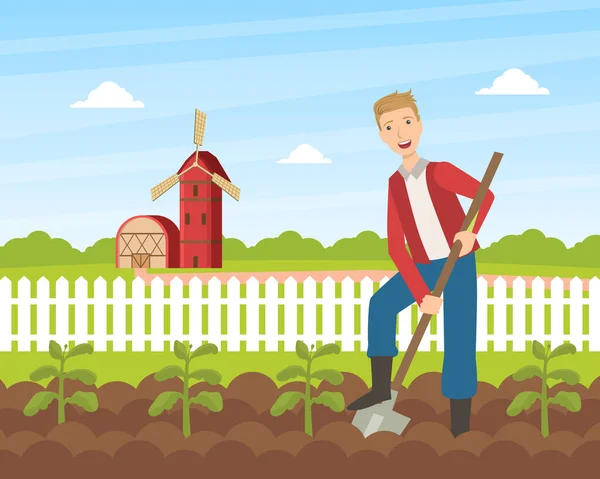 Veselý muž Farmář Výsadba sazenic Rostliny Zelenina pomocí slupky, Letní venkovské krajiny, Zemědělství a Farming Vector Ilustrace — Stockový vektor