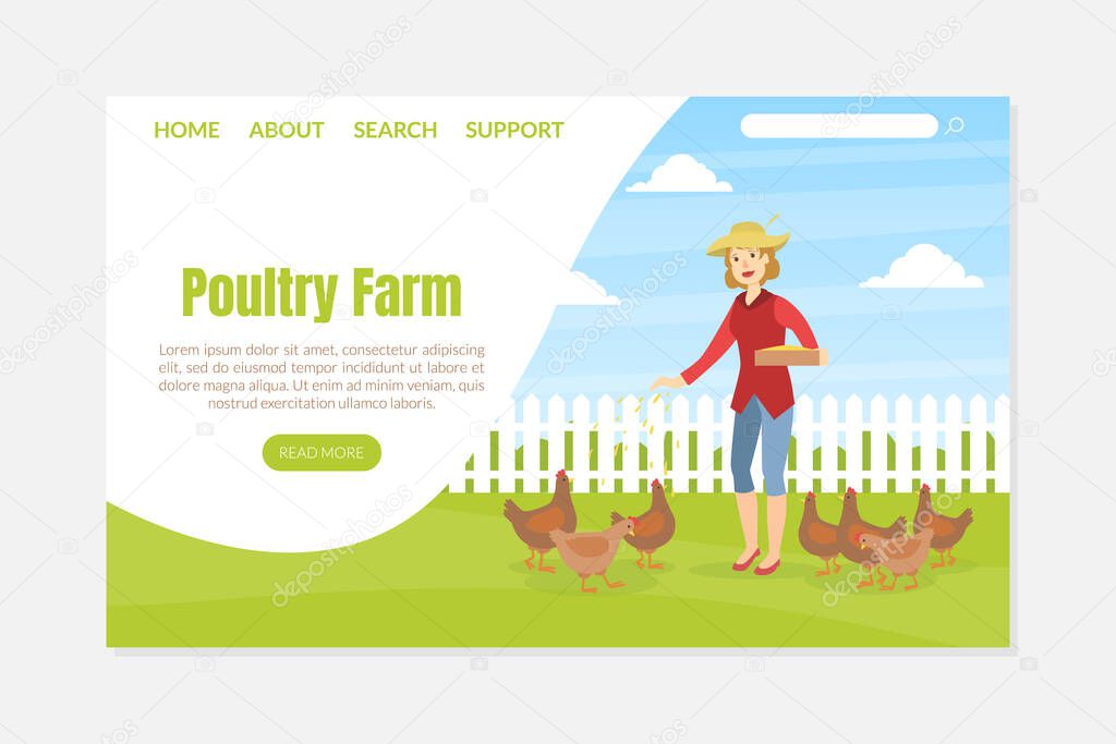 Woman Feeding Chickens, Female Farmer Taking Care of Poultry on Farm Vector illustration