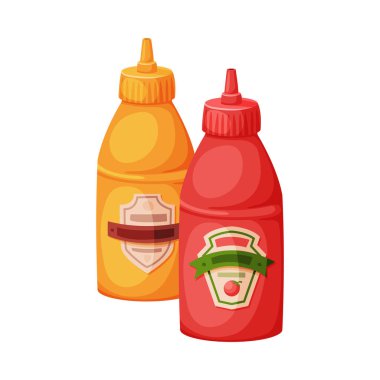 Plastik Hardal ve Ketçap Şişeleri, Fast Food Vector Illustration
