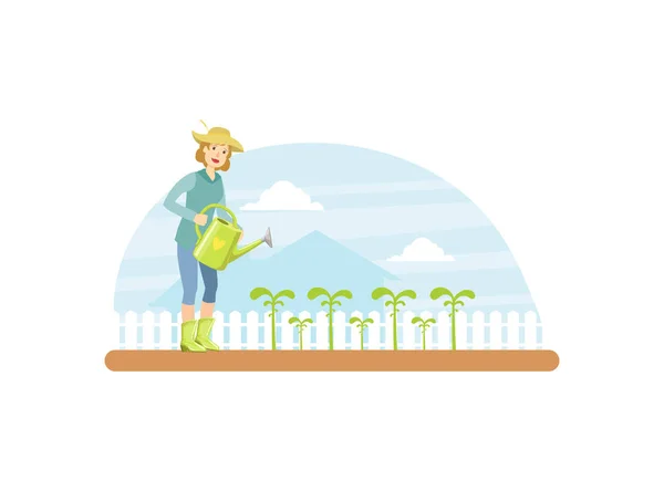 Woman Farmer or Gardener Watering Plants with Watering Can Vector Illustration — Stock Vector