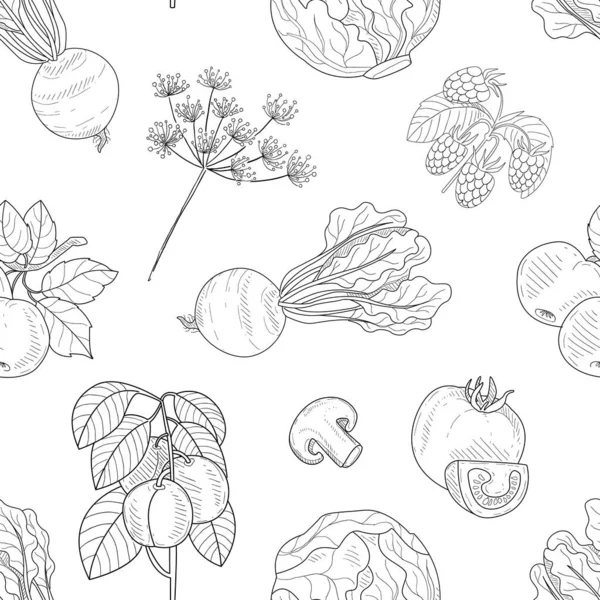 El yapımı sebzeler ve bitkiler pürüzsüz desen, tarım ürünleri tasarım elementi web sitesi, yemek kitabı, restoran menüsü, ambalaj kağıdı vektörü ilülasyonu için kullanılabilir — Stok Vektör