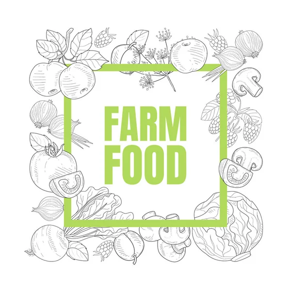 Farm Food Banner Template with Hand Drawn Vegetables Seamless Pattern Vector Illustration — Stock Vector