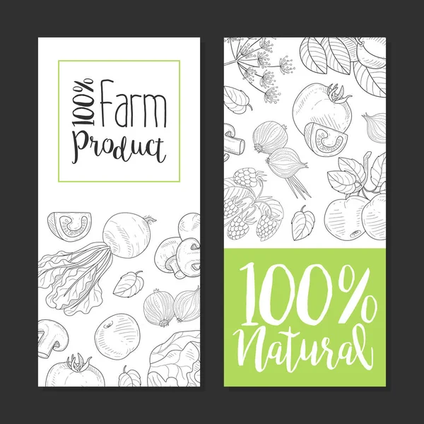 Natural Farm Product Card Template mit handgezeichnetem Gemüse und Pflanzen nahtlose Muster, Design-Element kann für Bauernmarkt, Restaurant oder Café Menü, Flyer, Zertifikat Vektor Illustration verwendet werden — Stockvektor