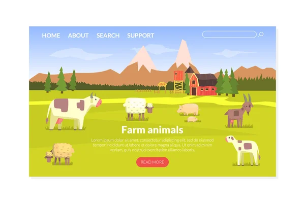 Farm Animals Landing Page Templte, Milk and Dairy Agriculture Products Website, Homepage, Mobile App Vector Illustration —  Vetores de Stock