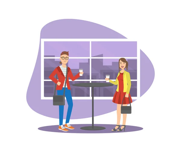 Jeune femme et homme à la mode Vêtements debout et boire du café au café Illustration vectorielle — Image vectorielle