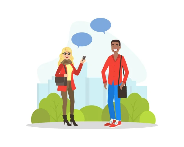 Young Woman and Man in Fashion Clothing Standing and Talking to Each Other on the Street Vector Illustration — Stock Vector