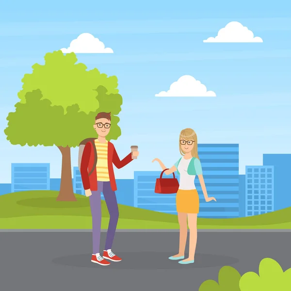 Mujer joven y hombre en ropa de moda de pie y hablando entre sí en el paisaje de la ciudad fondo Vector Ilustración — Vector de stock