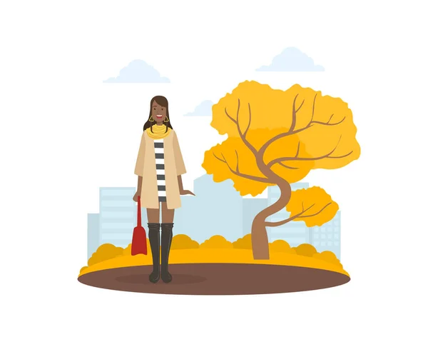 Young Woman in Fashion Clothing Walking in Autumn Park Vector Illustration — Stock Vector