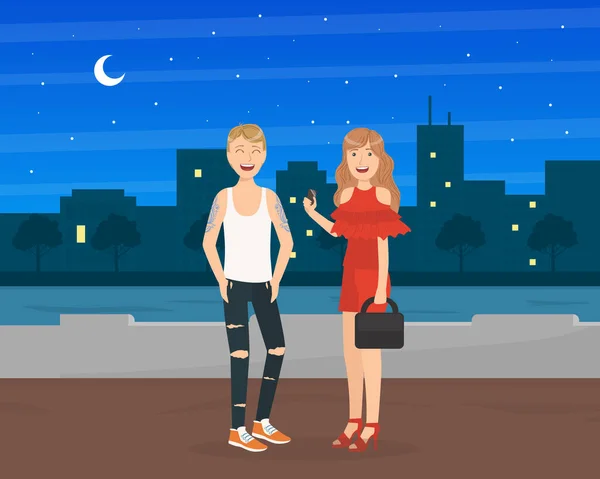 Gece Şehrinde Randevusu Olan Mutlu Çift, Moda Giyen Genç Kadın ve Erkek Birbiriyle Konuşuyor Vektör İllüzyonu — Stok Vektör