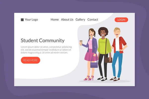 Šablona přistávací stránky studentské komunity, Online webová stránka, App, Homepage Vector Illustration — Stockový vektor