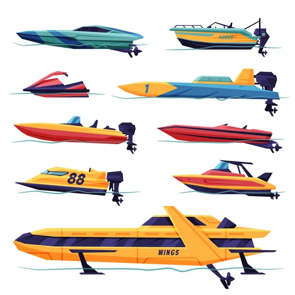 Moderne Motorboote oder Schnellboote Kollektion, Motorisierter Wassertransport, Sommerurlaub Design Elemente Vektor Illustration — Stockvektor