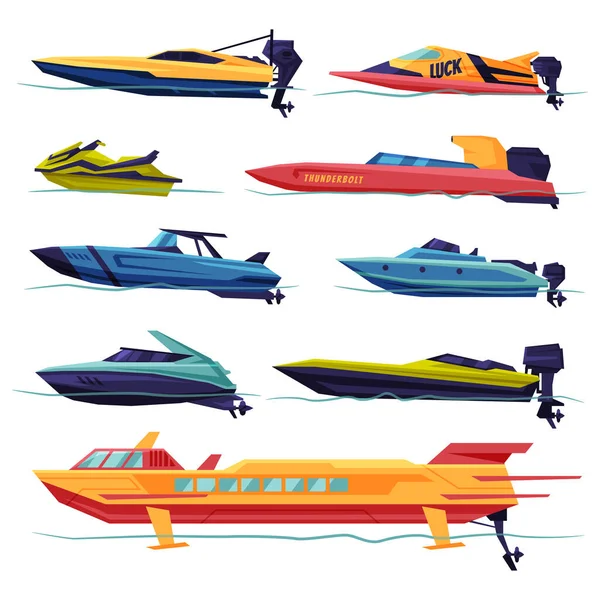 Samling av Speedboat, Segelbåt, Power Boat, Modern Nautisk Motoriserad Transport Vektor Illustration — Stock vektor