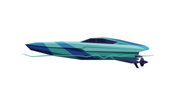 Power Boat or Speedboat, Blue Sailboat, Modern Nautical Motorized Transport Vector Illustration