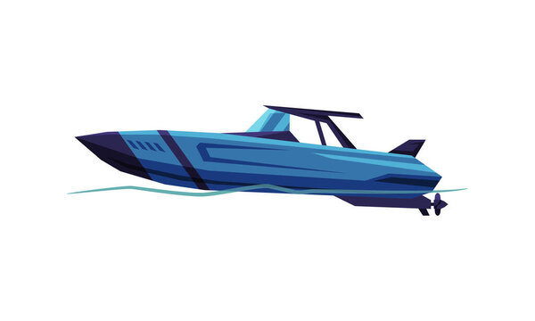 Speedboat, Blue Sailboat, Modern Nautical Motorized Transport Vector Illustration