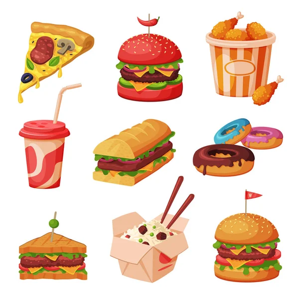 Fast Food Piatti con Bevande e Dessert Collection, Illustrazione Vettoriale Cibo Malsano — Vettoriale Stock