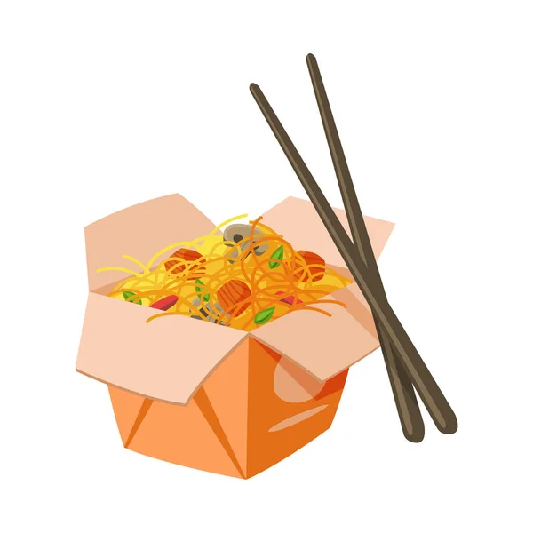 Nudelpackung zum Mitnehmen mit Gemüse und Essstäbchen, traditionelle asiatische Fast-Food-Mahlzeit Vektor Illustration — Stockvektor