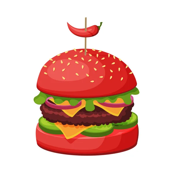 Hamburguesa con queso, bollo con semillas de sésamo, lechuga, empanadas de carne y chile picante, comida rápida Vector Ilustración — Vector de stock