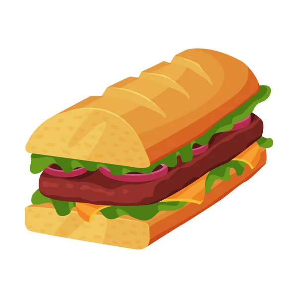 Sandwich francés, pan con rebanadas de jamón, queso y lechuga, comida rápida Vector Ilustración — Vector de stock