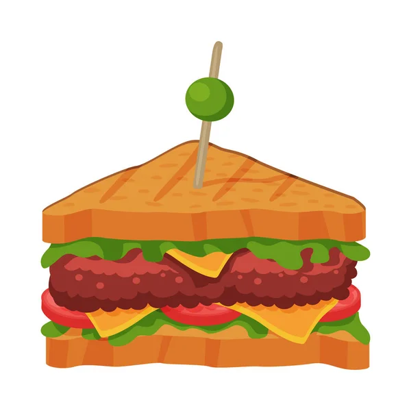 Sandwich con tomate, queso, carne empanada y lechuga, comida rápida Vector Ilustración — Archivo Imágenes Vectoriales