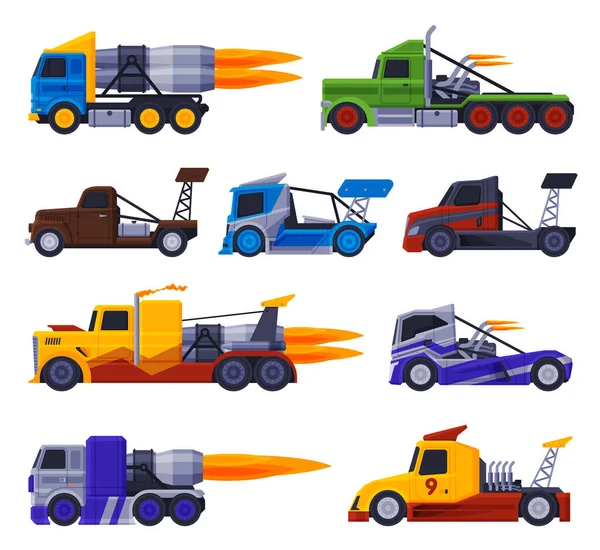 Wyścigi Turbo Trucks Collection, szybkie pojazdy ciężarowe płaskie wektor ilustracji — Wektor stockowy