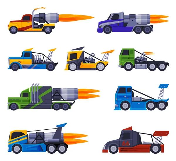Colección de camiones de carreras, vehículos deportivos pesados rápidos Máquinas de carga Ilustración de vectores planos — Vector de stock