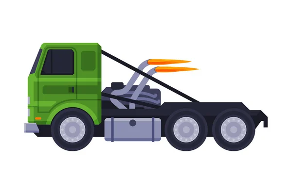 Camion da corsa verde, illustrazione piatta del vettore della macchina da trasporto del veicolo pesante veloce — Vettoriale Stock
