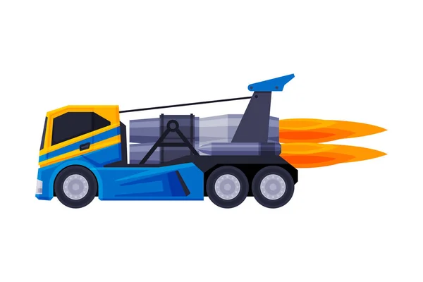 Racetruck met vlam, Turbo Zware Vrachtmachine Platte Vector Illustratie — Stockvector