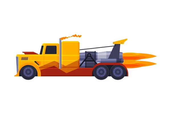 Camion de course orange avec flamme, illustration vectorielle plate rapide de machine de fret de véhicule lourd — Image vectorielle