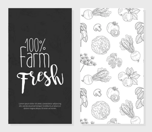 Fresh Farm Food Card Template with Hand Drawn Vegetables and Plants Seamless Pattern, Design Element Can Be Used for Farm Market, Restaurant Menu, Flyer, Certificate Vector Illustration — Stock Vector