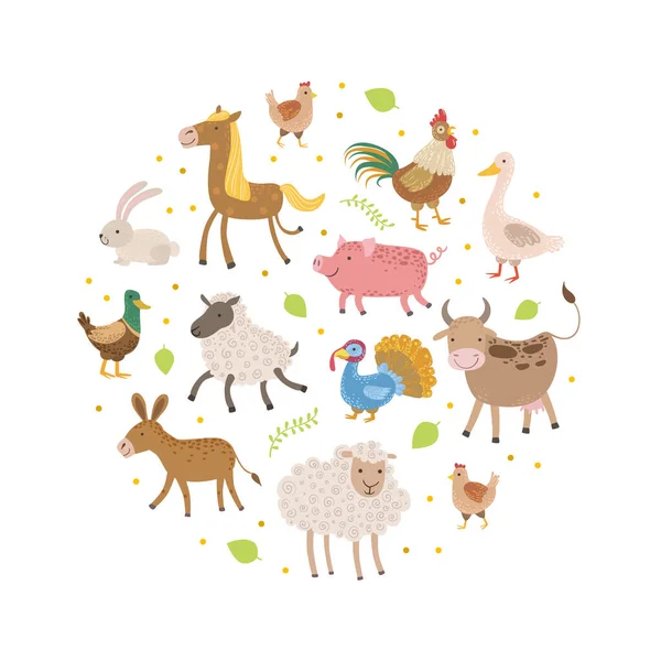 Schattige boerderij dieren patroon van ronde vorm, wenskaarten, poster, banner, achtergrond ontwerp element Vector Illustratie — Stockvector