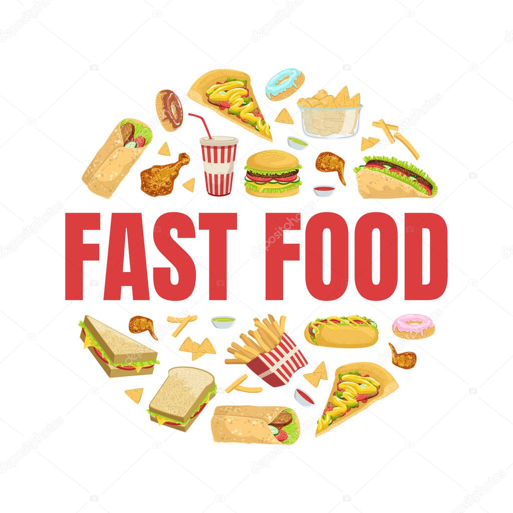 Fast Food Banner Template with Tasty Unhealthy Meals of Round Shape, Menu or Advertising Banner, Poster, Flyer, Brochure or Packaging Vector Illustration