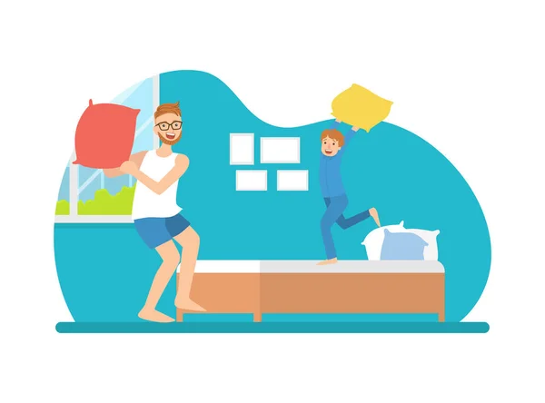 Dad and His Son Having Pillow Fight, Father and His Child Having Fun Together Vector Illustration — Stock Vector