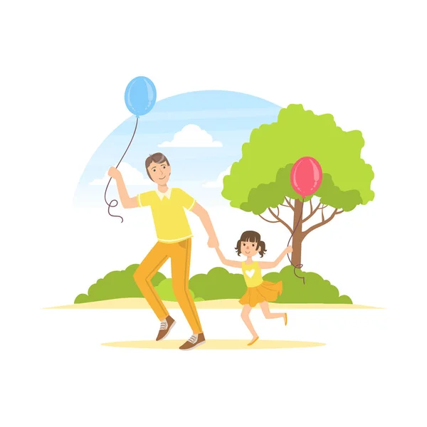 Neşeli baba ve kızı balonlarla yaz parkında yürüyorlar, baba çocuk vektörü illüstrasyonuyla iyi vakit geçiriyor. — Stok Vektör