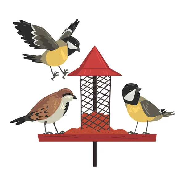 Winter Bird Feeder with Cute Titmouses and Sparrows, Northern Birds Feeder Feeder Vector Illustration (dalam bahasa Inggris) Grafik Vektor