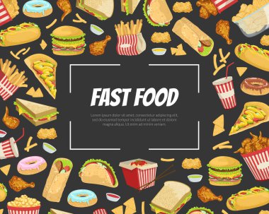 Fast Food Banner Şablonu: Lezzetli Sağlıksız Yemekler, Kusursuz Şekiller, Menü veya Reklam Afişi, Poster, Flyer, Broşür veya Paketleme Vektörü Resimleri