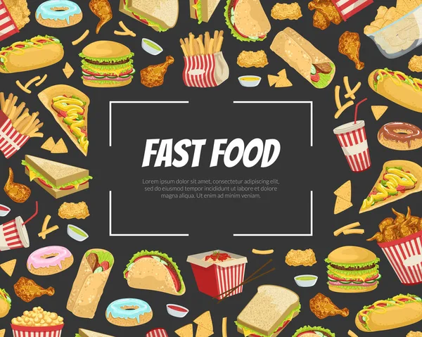 Fast Food Banner Template met Lekkere Ongezonde Maaltijden Naadloos Patroon, Menu of Reclame Banner, Poster, Flyer, Brochure of Verpakking Vector Illustratie — Stockvector