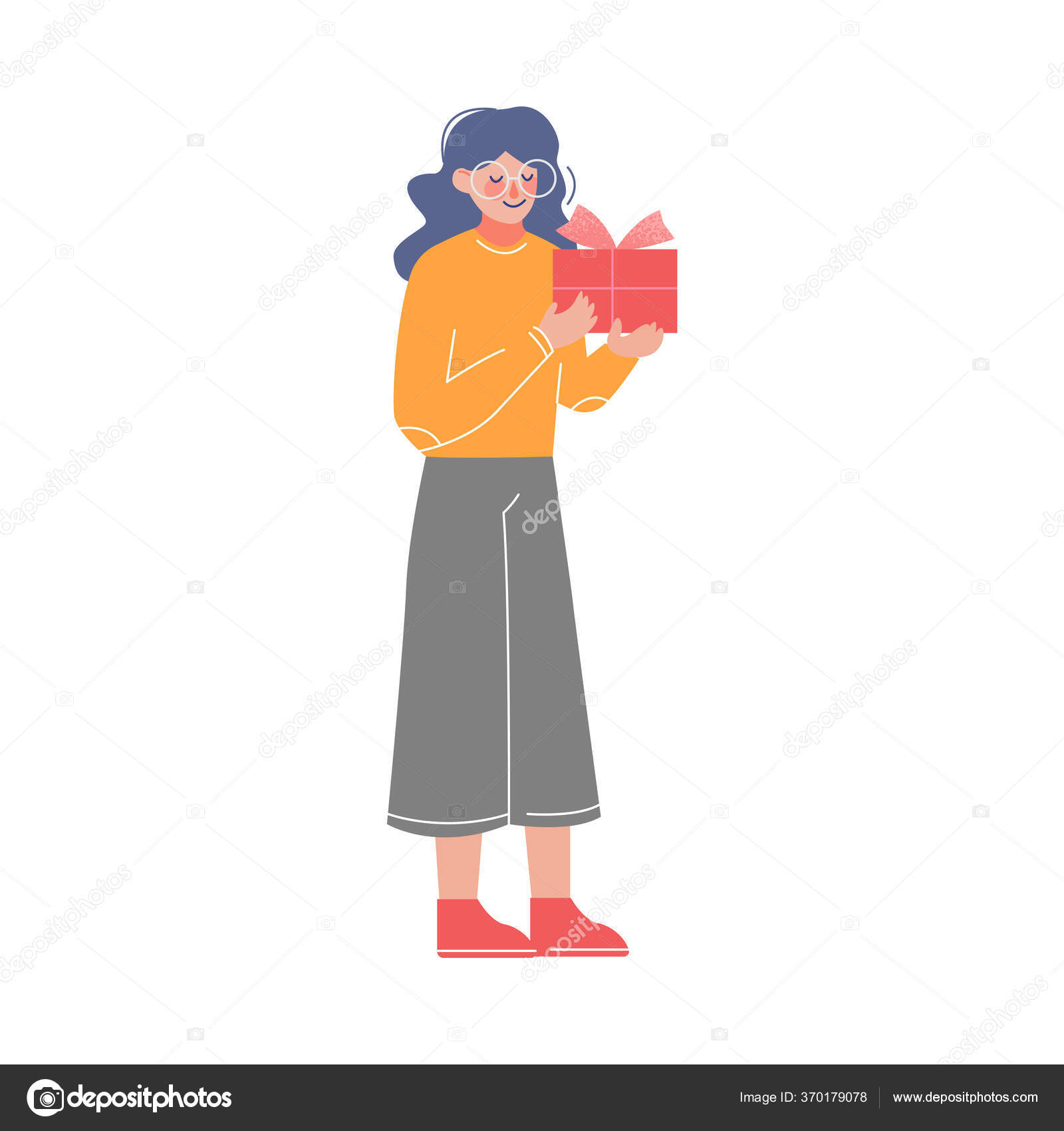 赤いリボンの弓で飾られたギフトボックスに立つ女の子 10代の女の子誕生日を祝う クリスマスや新年の休日漫画ベクトルイラスト ストックベクター C Topvectors