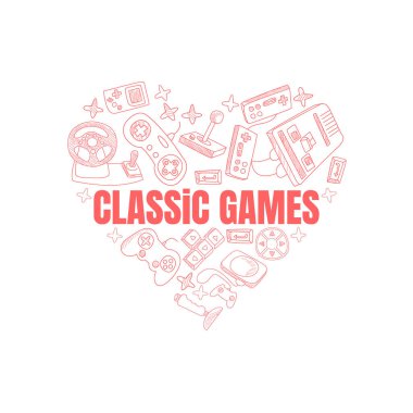 Çeşitli oyun tekniklerinden kalp. Beyaz arkaplanda vektör illüstrasyonu.