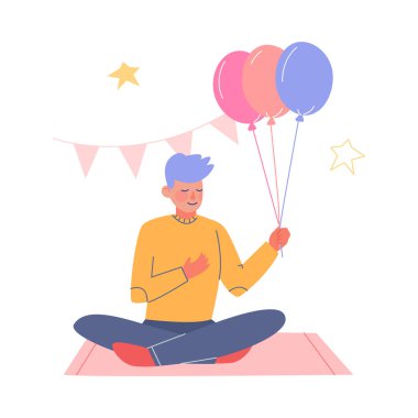 Genç çocuk doğum günü partisinde eğleniyor, çocuk renkli balonlarla yerde oturuyor çizgi film temsilcisi illüstrasyonuyla.