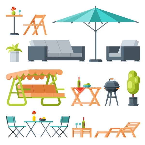 Modern Garden Furniture Collection, Table, Sunshade Umbrella, Swing Bench, Lounger, Barbecue Grill Flat Vector Illustration — Stock Vector