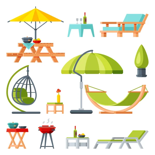 Moderne Tuinmeubelen Collectie, Tafel, Paraplu, Hangmat, Comfortabele ligstoel, Barbecue Grill Flat Vector Illustratie — Stockvector
