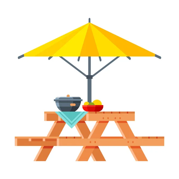 Table en bois avec bancs et parasol, illustration vectorielle plate de conception moderne de meubles de jardin — Image vectorielle