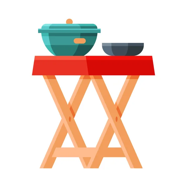 Mesa de madera con mantel y platos, diseño moderno de muebles de jardín ilustración vectorial plana — Vector de stock