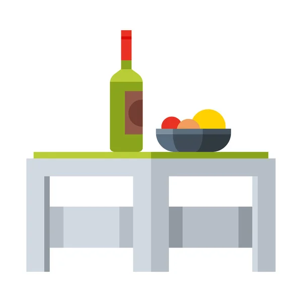 Petite table avec bouteille de vin et plat de fruits frais, illustration vectorielle plate de conception moderne de meubles de jardin — Image vectorielle