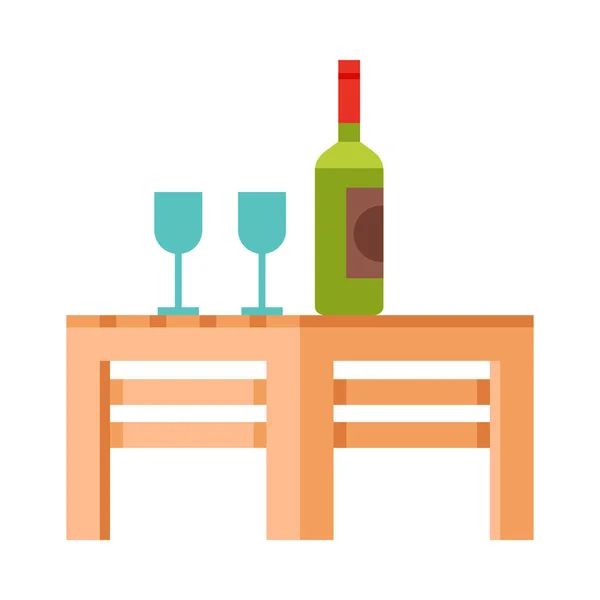 Petite table en bois avec bouteille de vin et deux verres, illustration vectorielle plate de conception moderne de meubles de jardin — Image vectorielle