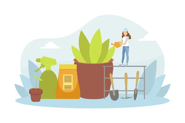 Pequeña mujer joven regando la planta doméstica con lata, niña cuidando plantas de interior Vector Ilustración — Vector de stock