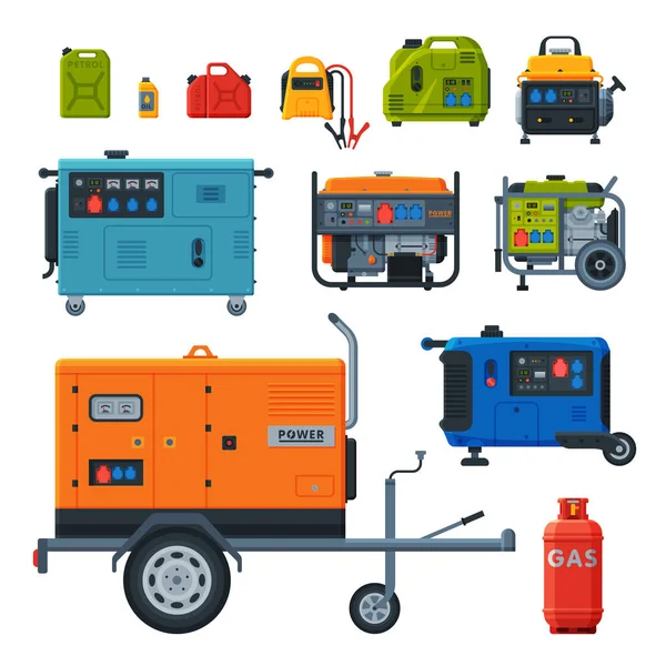 Verschillende types van Industriële Stroomaggregaten Set, Propaan gascilinder, Brandstofjerrycans Vector Illustratie — Stockvector