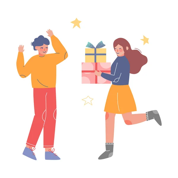 Teenage Girl Runing avec des boîtes-cadeaux de vacances décorées avec des arcs de ruban pour un garçon heureux, des enfants célébrant l'anniversaire, Noël ou Nouvel An Illustration vectorielle de bande dessinée — Image vectorielle