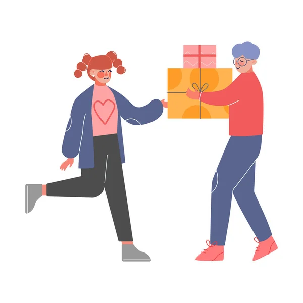 Adolescente dando cajas de regalo de vacaciones decoradas con lazos de cinta a la chica feliz, fiesta de cumpleaños, Navidad o Año Nuevo Celebración Dibujos animados Vector Ilustración — Archivo Imágenes Vectoriales